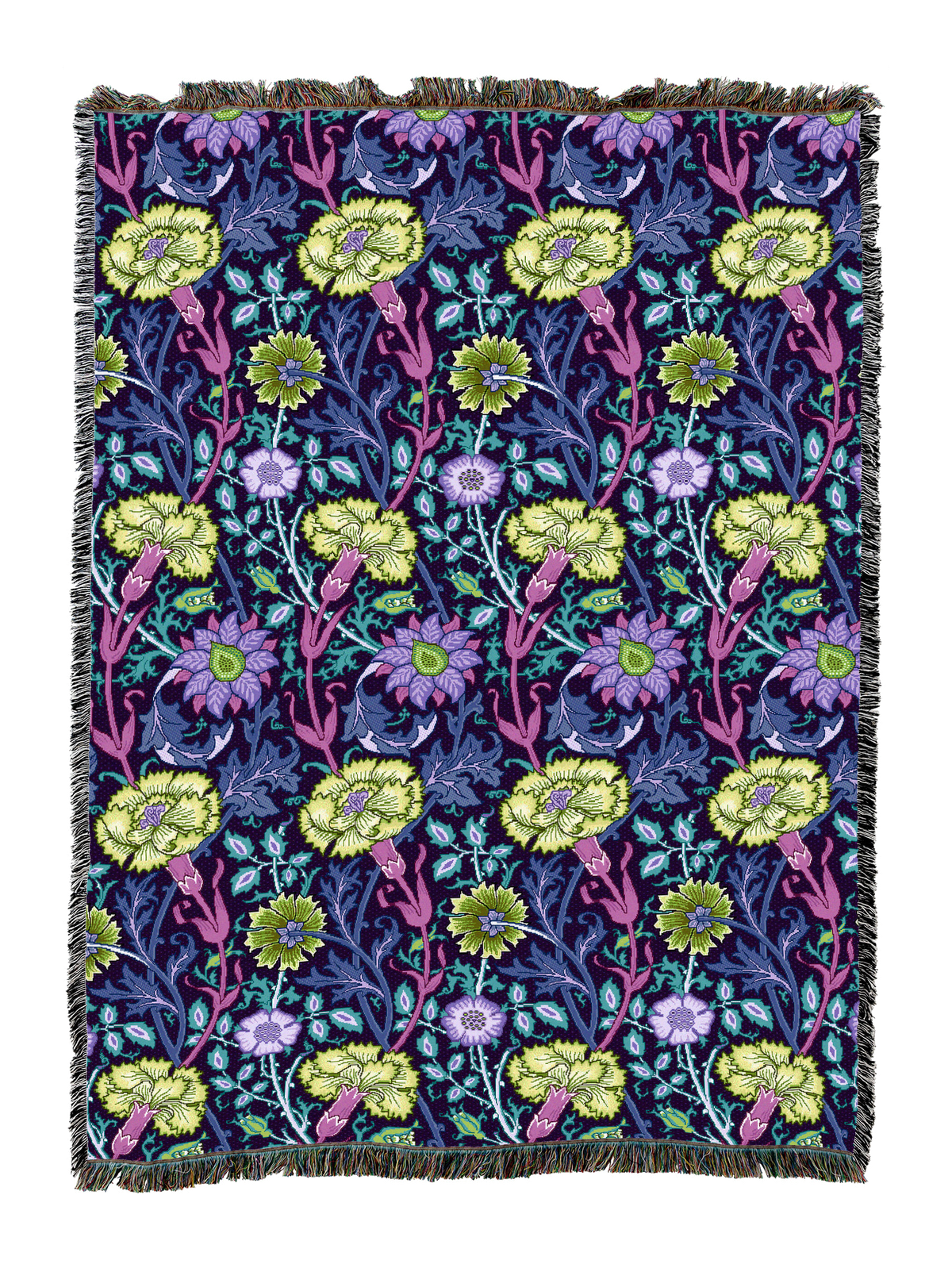 William Morris floral woven blanket in deep purple and navy with bright flowers, fringed border
