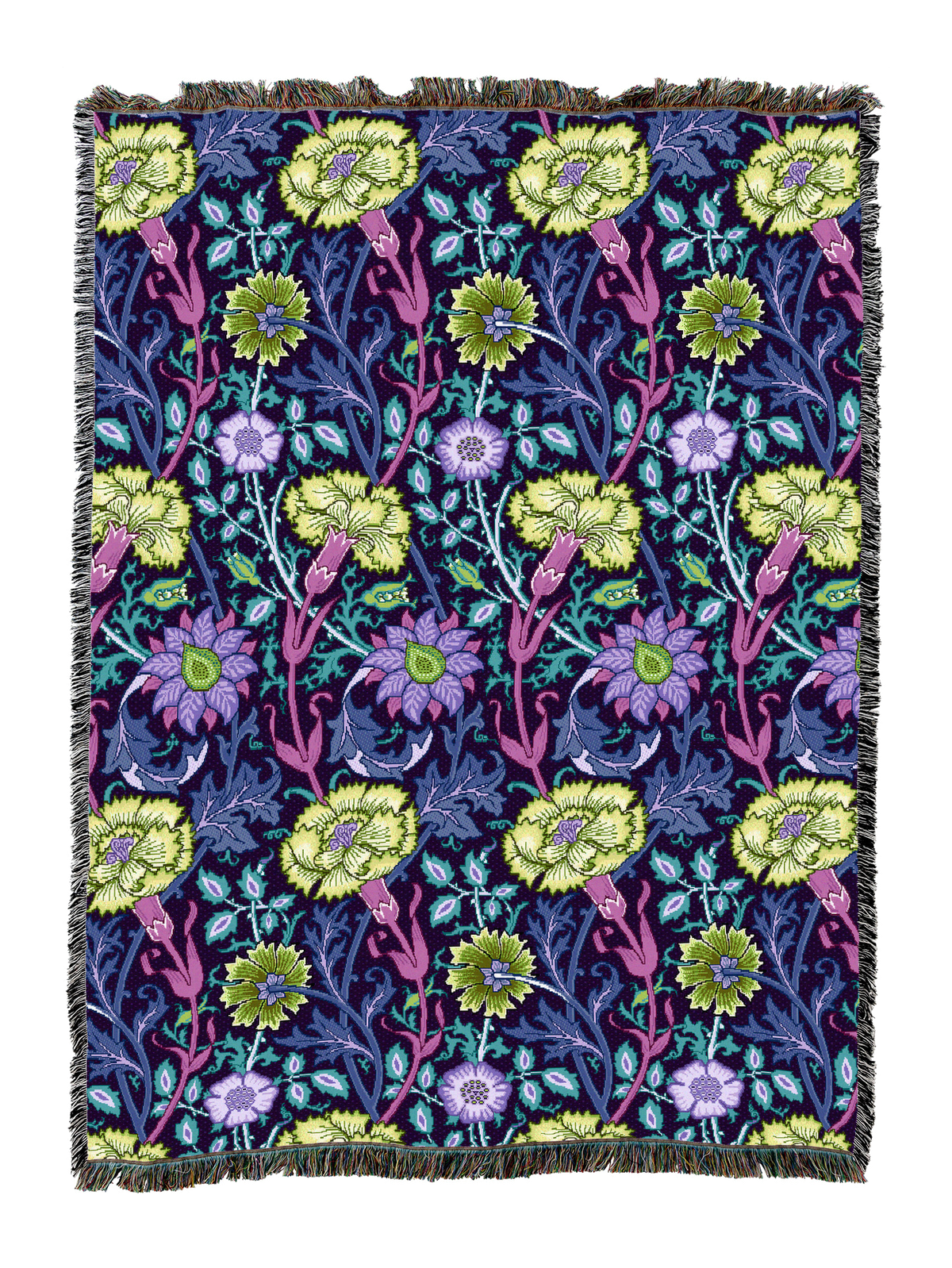 William Morris floral woven blanket in dark navy and purple with multicolor flowers, fringed