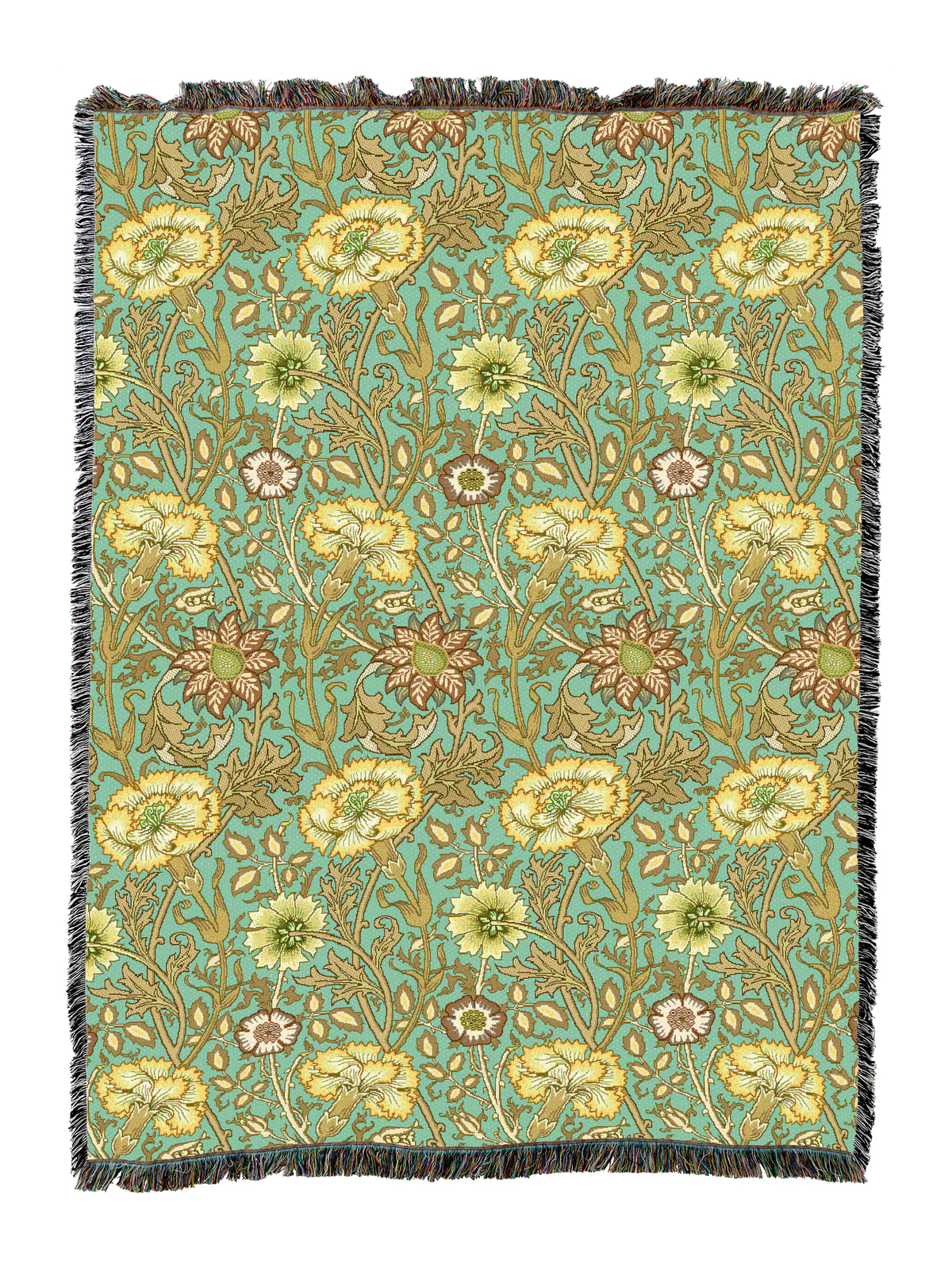 William Morris floral woven blanket in teal with yellow flowers and fringed border