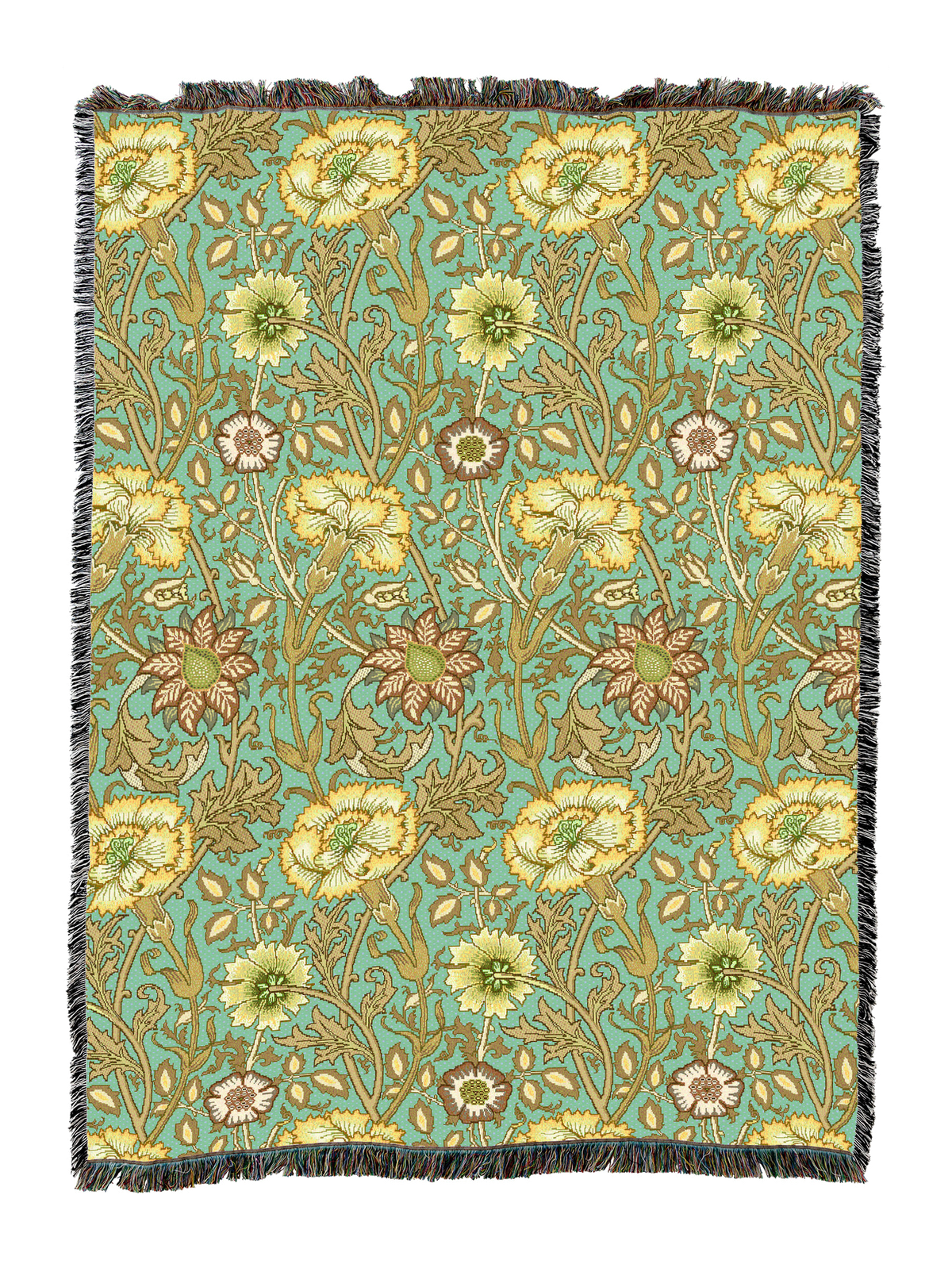 William Morris floral woven blanket in teal and yellow with fringed border