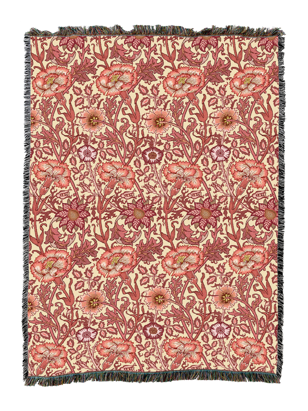 William Morris floral blanket in coral-pink rose pattern with fringed border