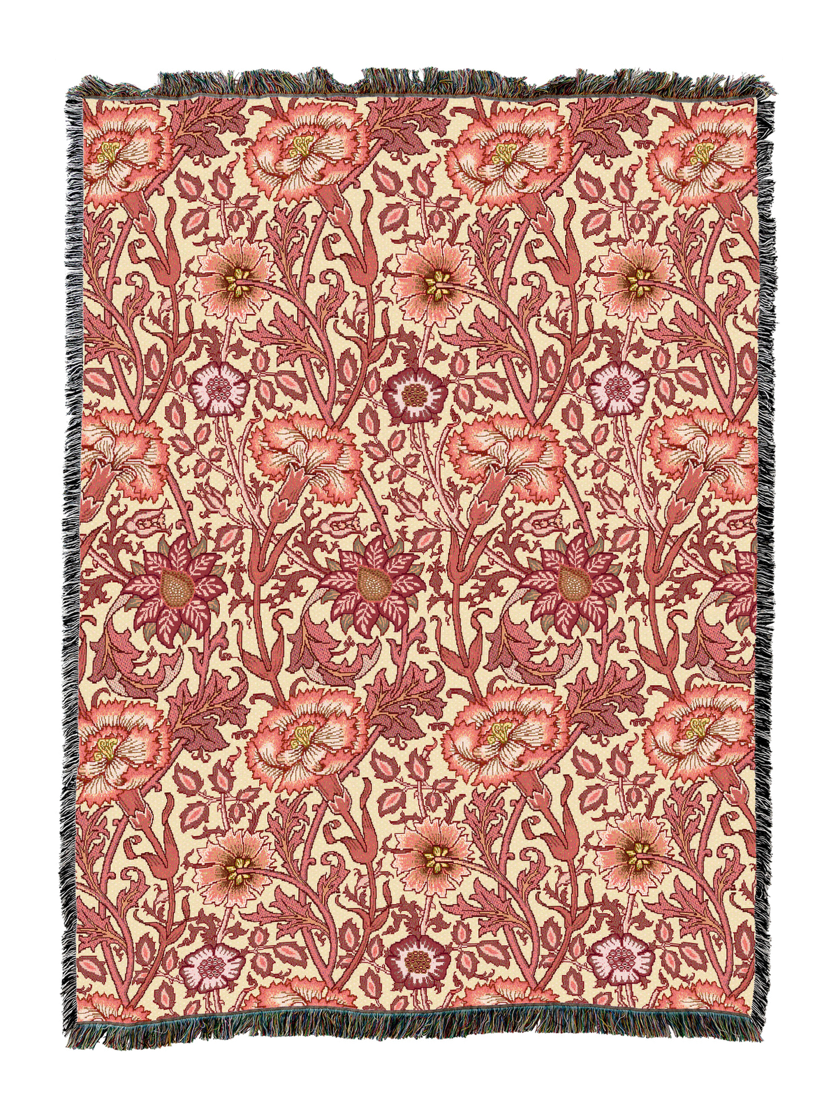William Morris floral blanket in pink rose pattern with fringed border