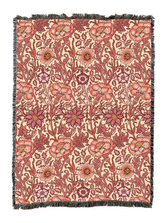 William Morris floral blanket in pink rose pattern with fringed border