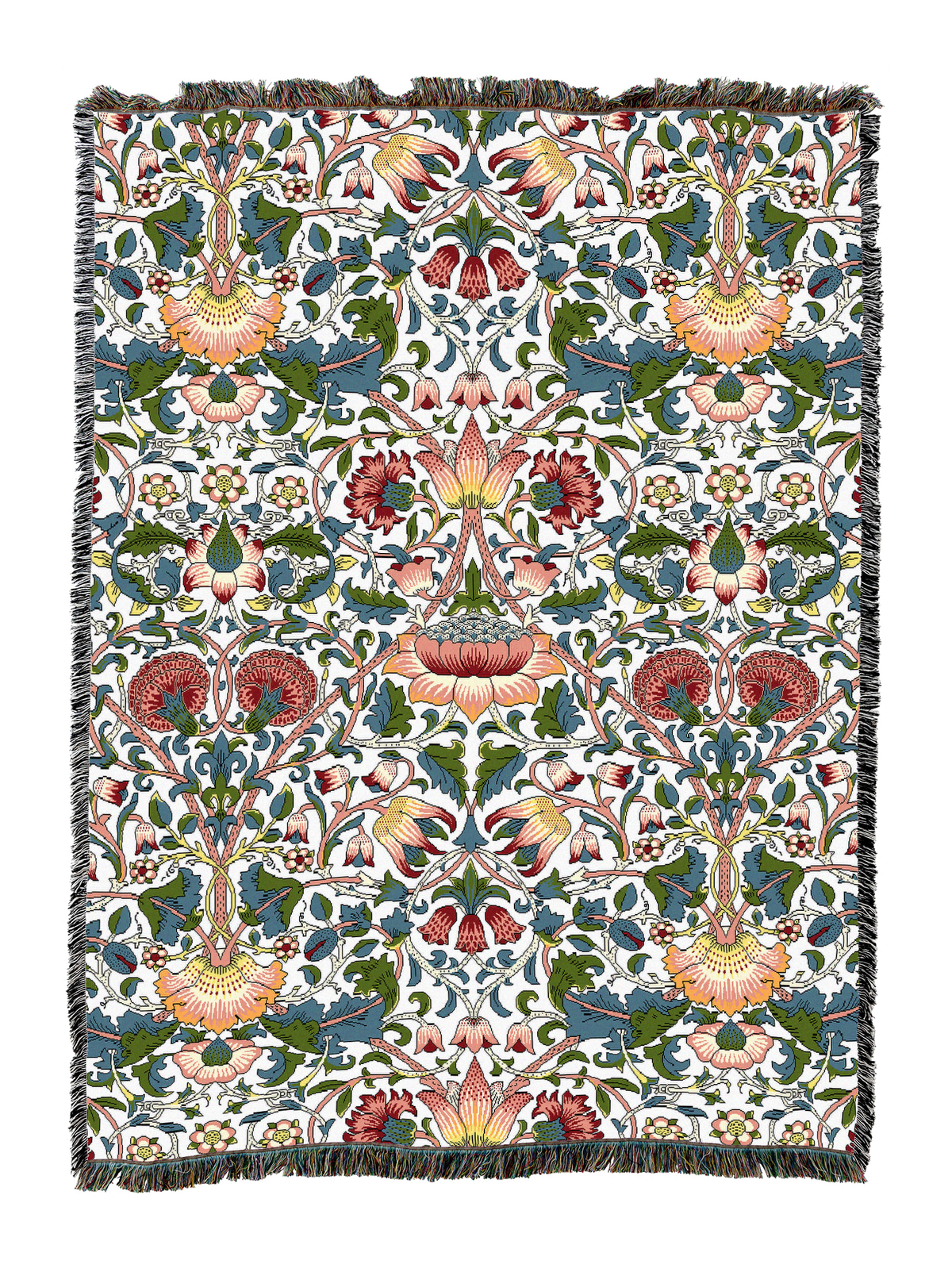 Blanket with cream background, multicolor floral vine print, tassel fringe border.