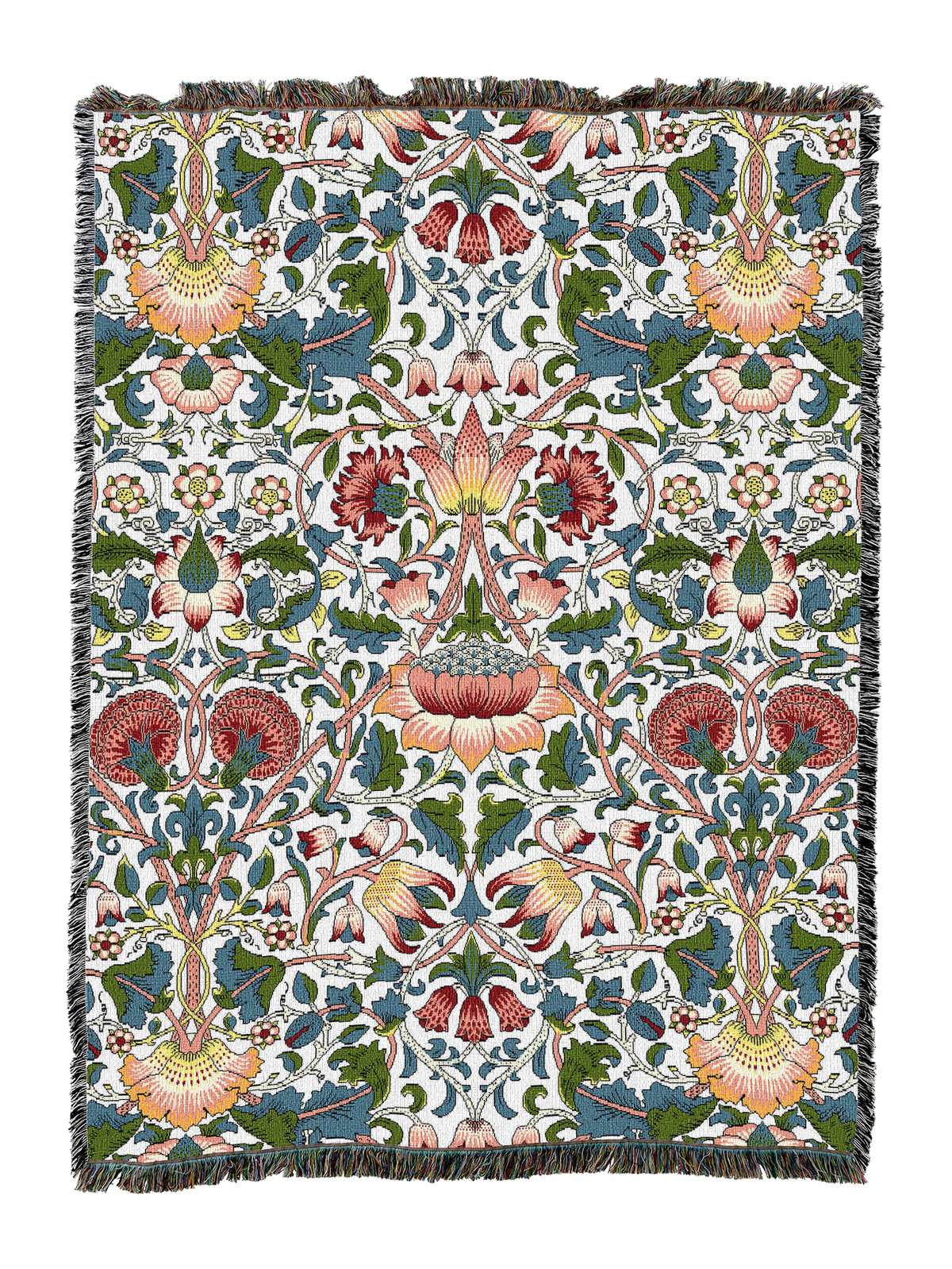 William Morris style blanket with green field, floral vine pattern, fringe edging.