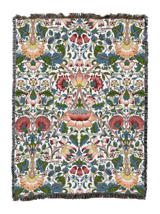 William Morris style blanket with green field, floral vine pattern, fringe edging.