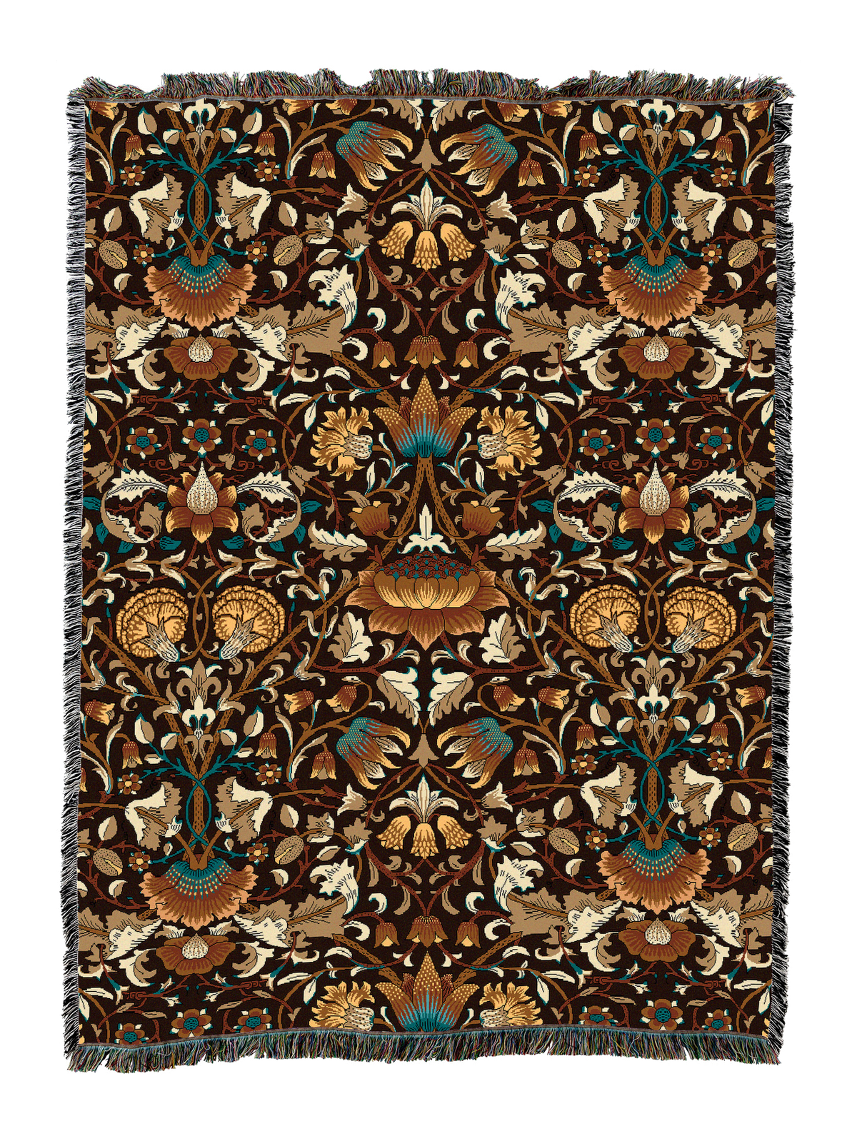 Lodden blanket with dark brown, teal and gold floral pattern, fringed border