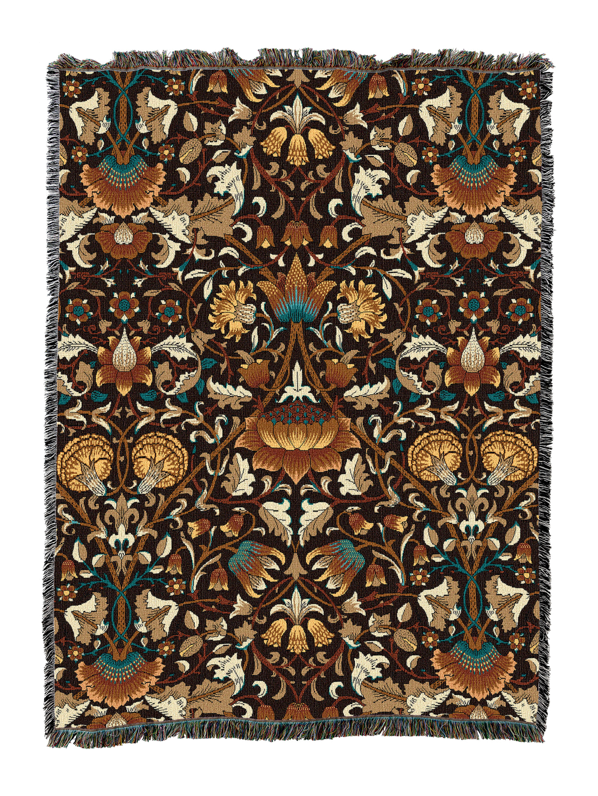 Lodden blanket with dark brown floral and animal pattern, multicolor fringe border