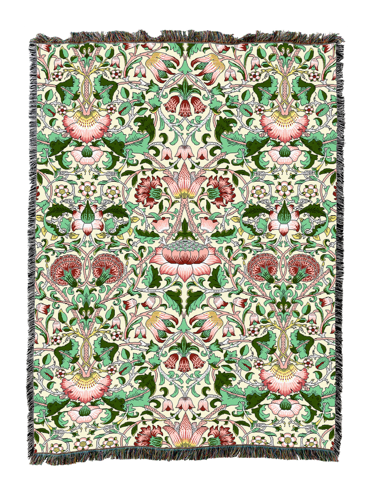 Cream and green blanket with multicolor floral vine print, fringed trim border.
