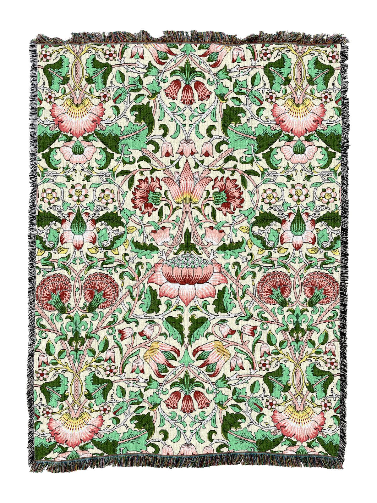 Green blanket with salmon and pink floral vine pattern, decorative fringe edging.