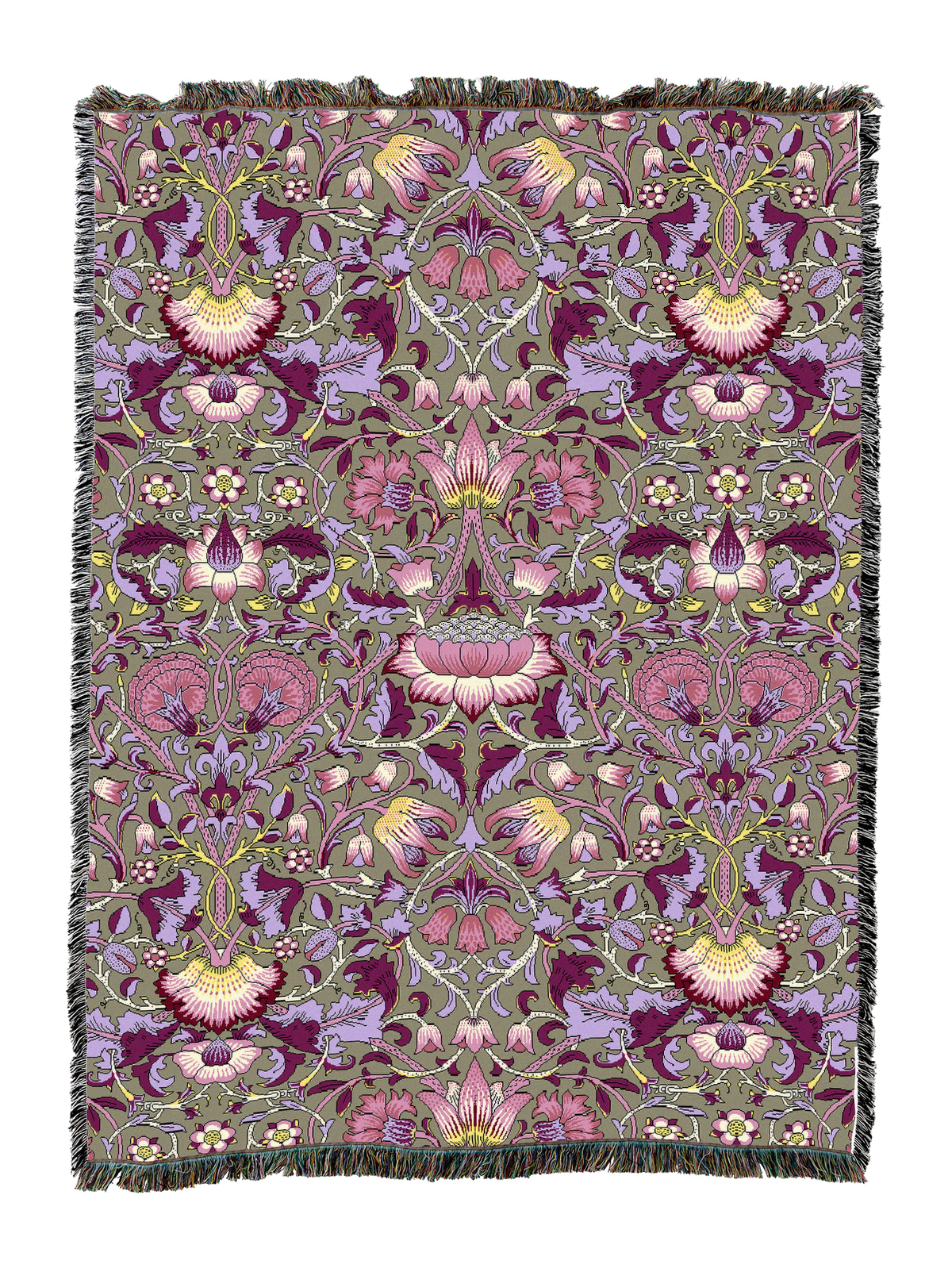Blanket with mauve and green floral motif, intricate vine print, fringed border.