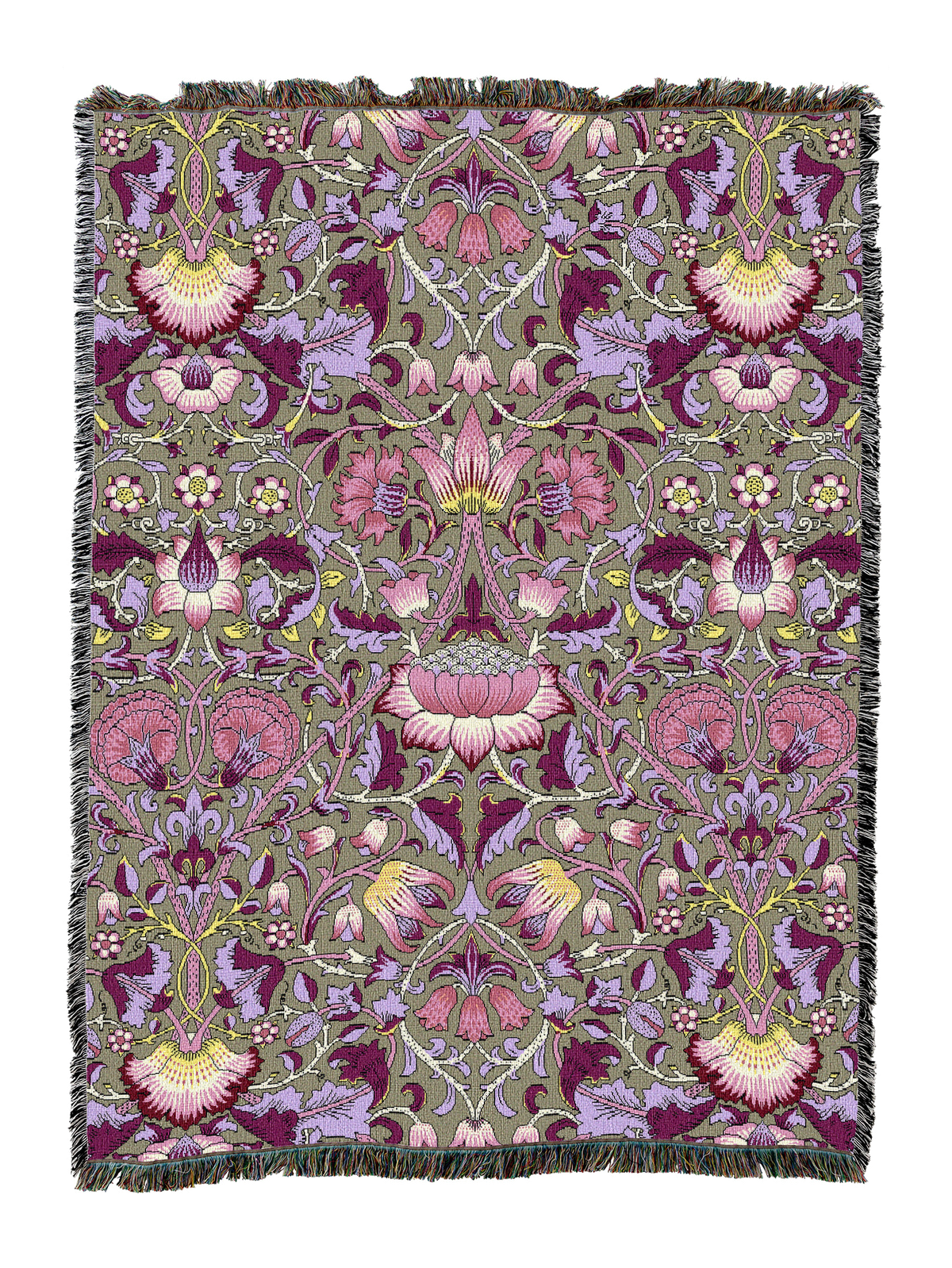 Blanket with plum and pink floral pattern, ornate design, tassel fringe border.