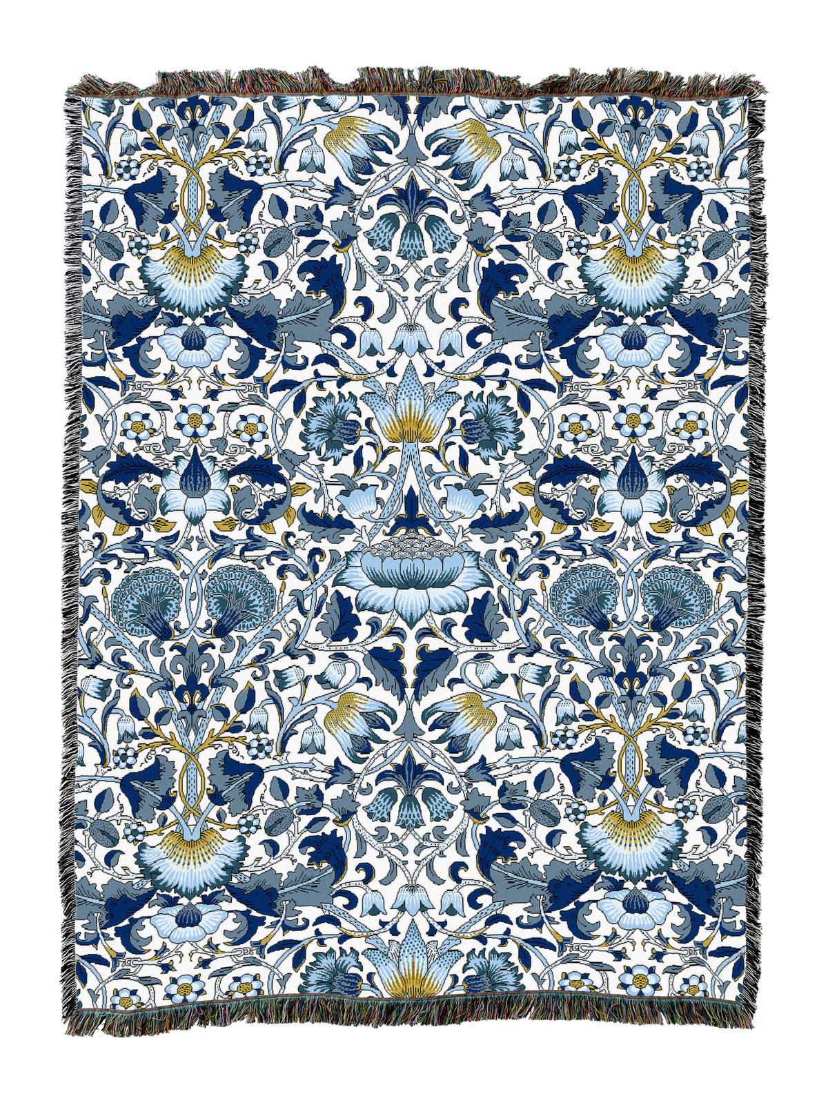 Blanket with light blue floral and vine motifs, detailed print, fringed border.