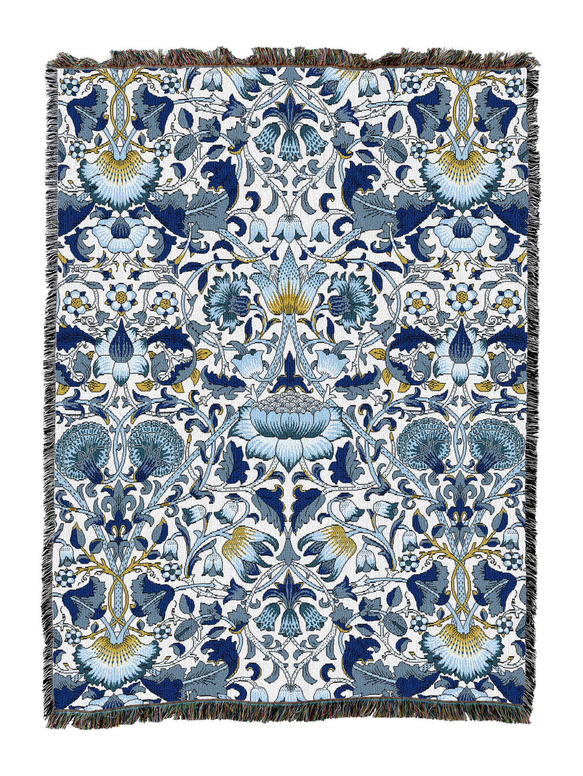 Blanket with navy blue field, ornate floral and bird motifs, fringed trim edge.