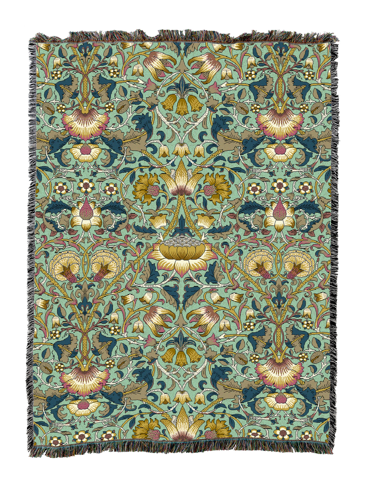 Blanket with teal and gold floral vine pattern, intricate details, fringed border.