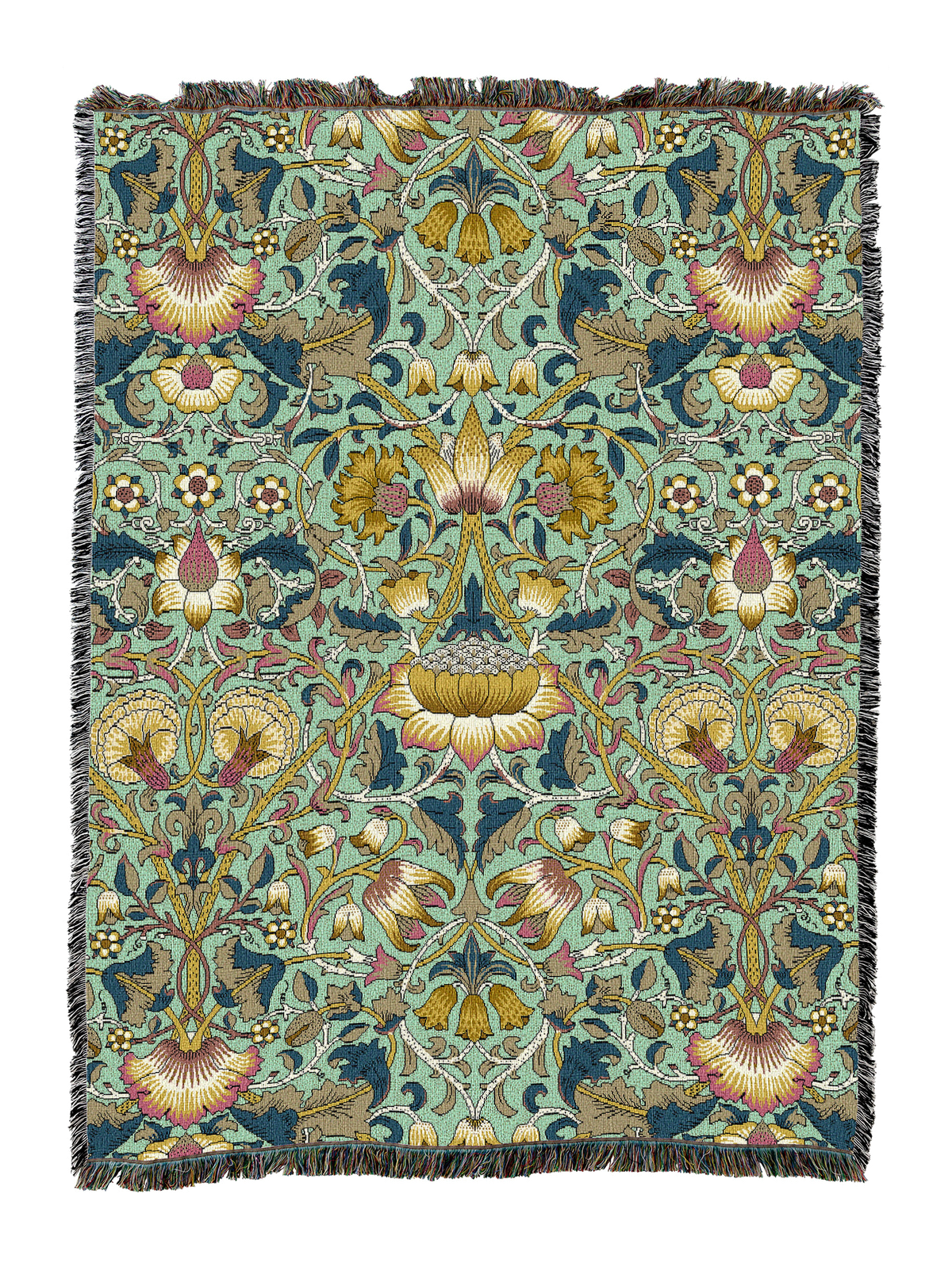 Blanket with teal background, golden floral and vine motifs, fringed border.