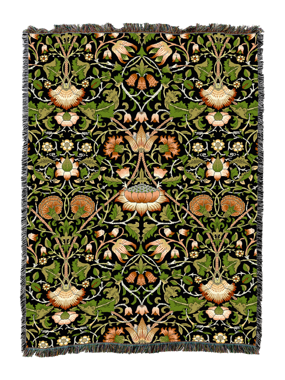 Lodden blanket with dark green botanical pattern, orange and cream flowers, fringed border