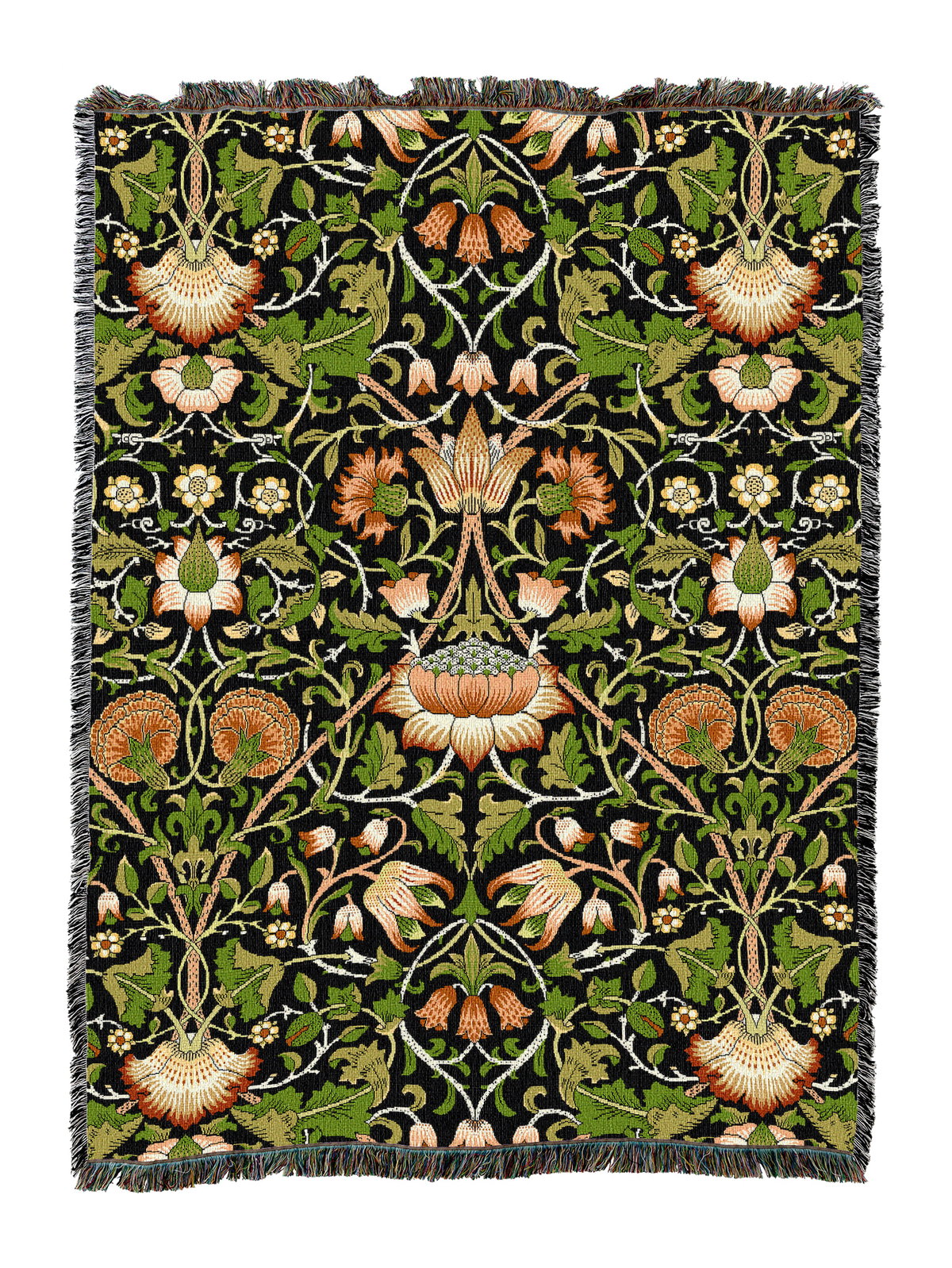 Lodden blanket with green floral and leaf pattern, orange and cream highlights, fringed edge
