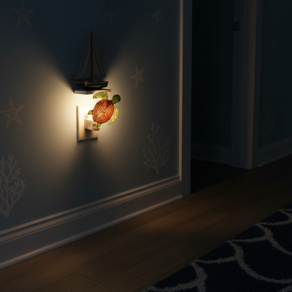 Wall-mounted sea turtle night light glowing amber with green flippers
