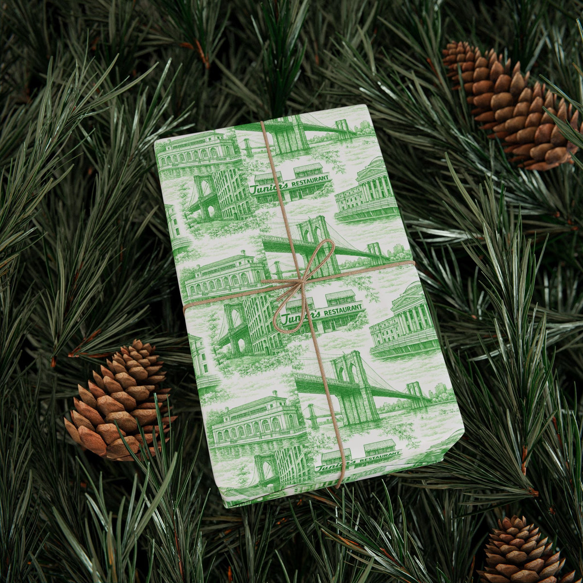 Green glossy gift wrap sheet with city building print, tied with brown string bow