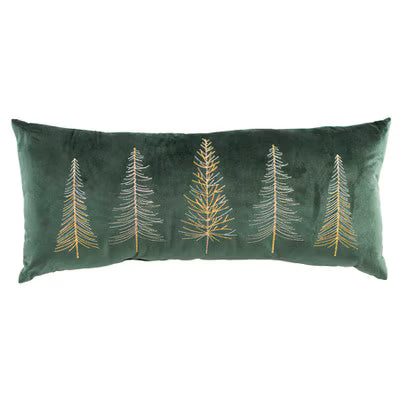 Holiday throw pillow with horizontal band of gold trees on dark green fabric