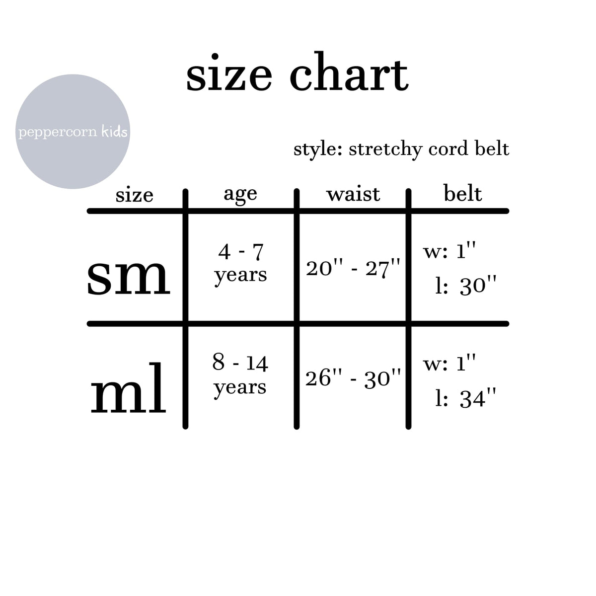 Girls' stretch cord belt size chart for ages 4–7 and 8–14, with waist and belt measurements
