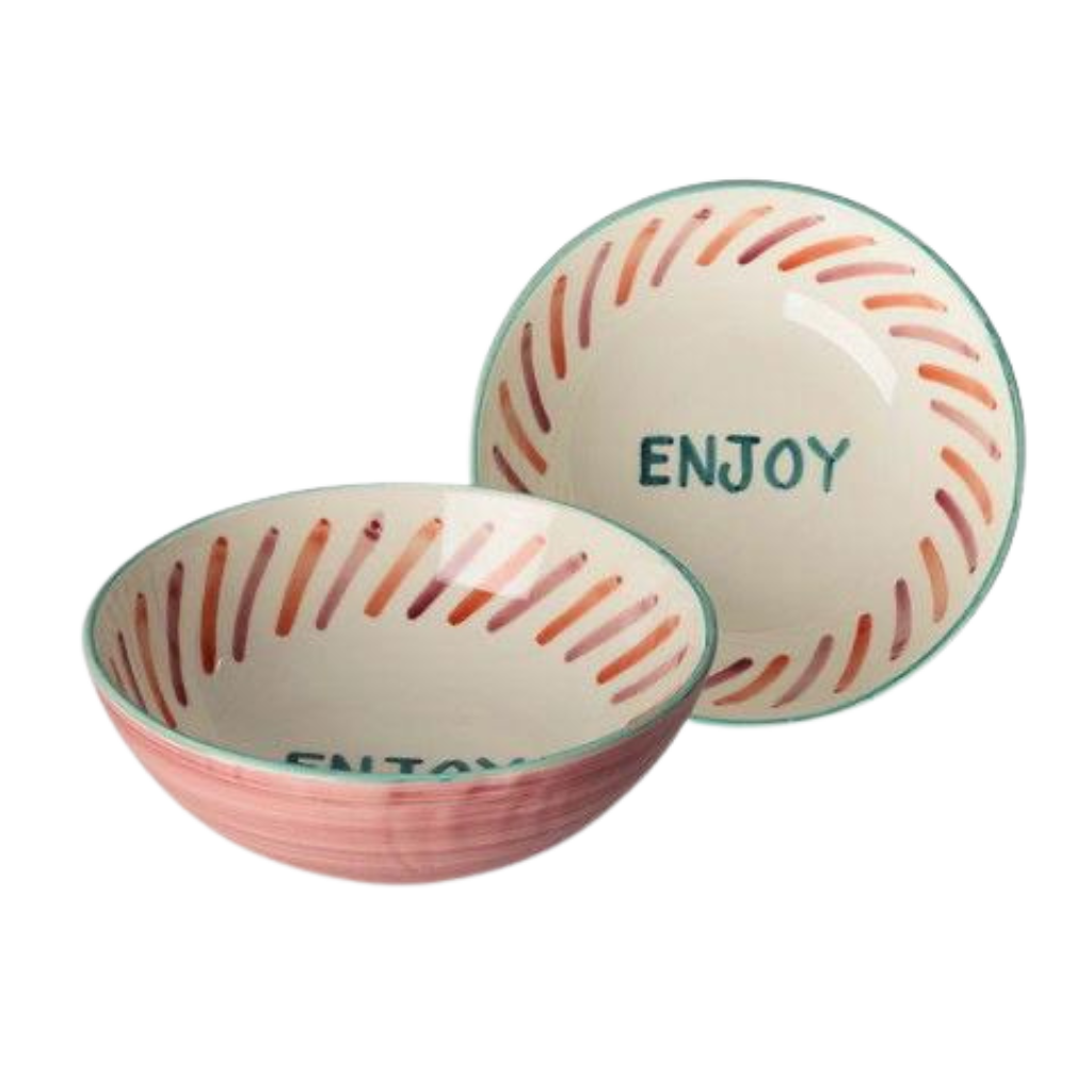 Ceramic salad bowl set with hand-painted ENJOY lettering, large size