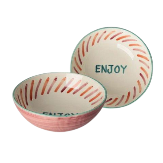 Ceramic salad bowl set with hand-painted ENJOY lettering, large size