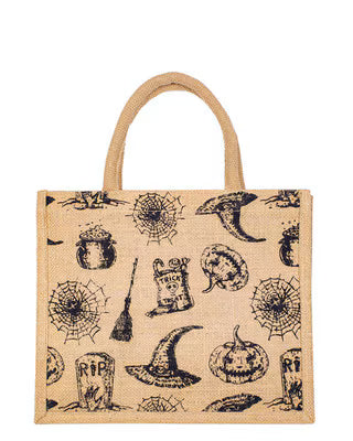 Halloween gift bag with beige fabric and dark witchy icon print, tan handles