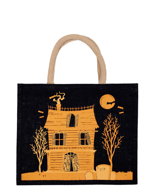 Halloween gift bag with haunted house print and orange moon on black front