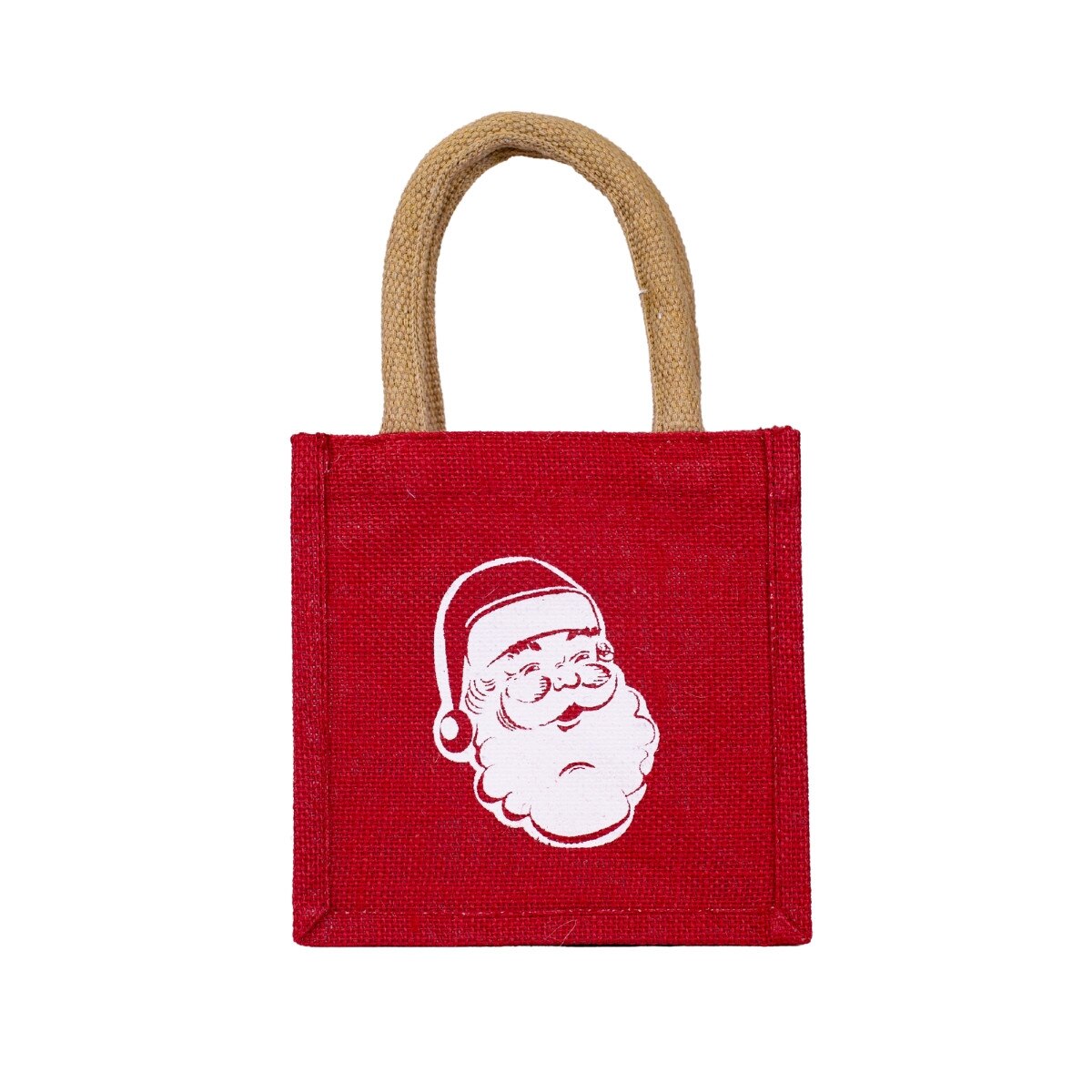 Red small gift tote bag with jute handles, white Santa face graphic front