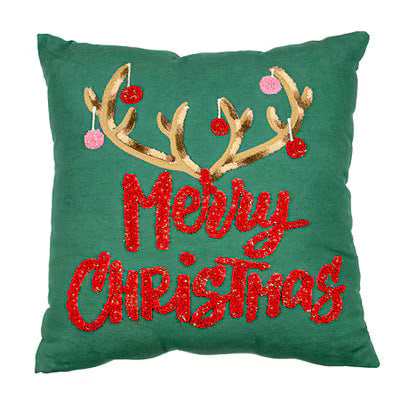 Holiday throw pillow, dark green, antlers with pink ornaments and red Merry Christmas text