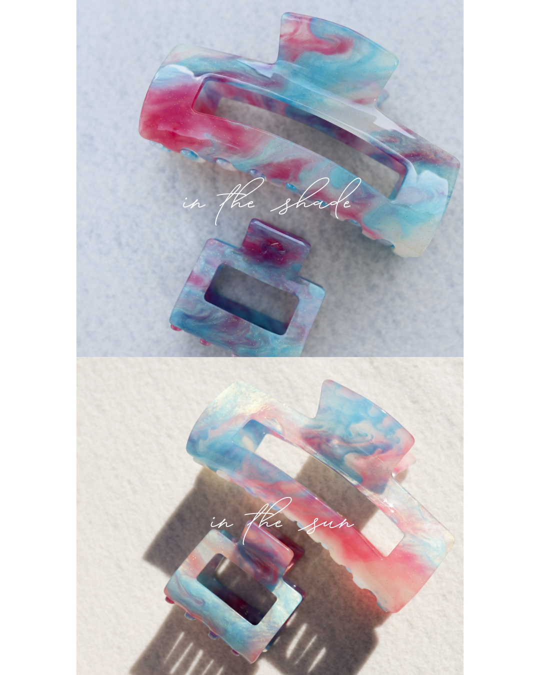 Color-changing translucent claw-shaped charms, blue and pink cloud swirls set