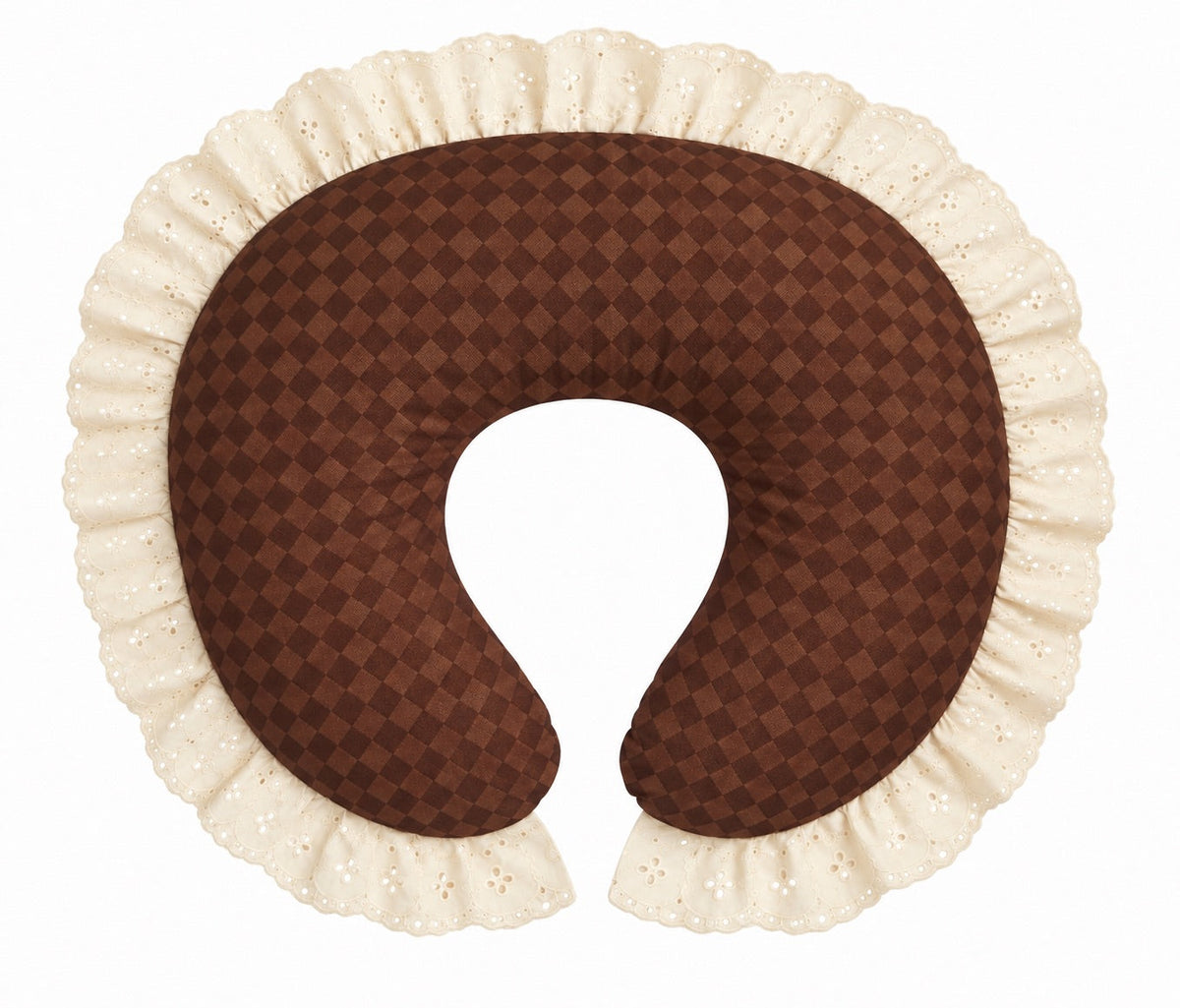 Nursing pillow cover with brown checkerboard fabric and ivory eyelet lace ruffle