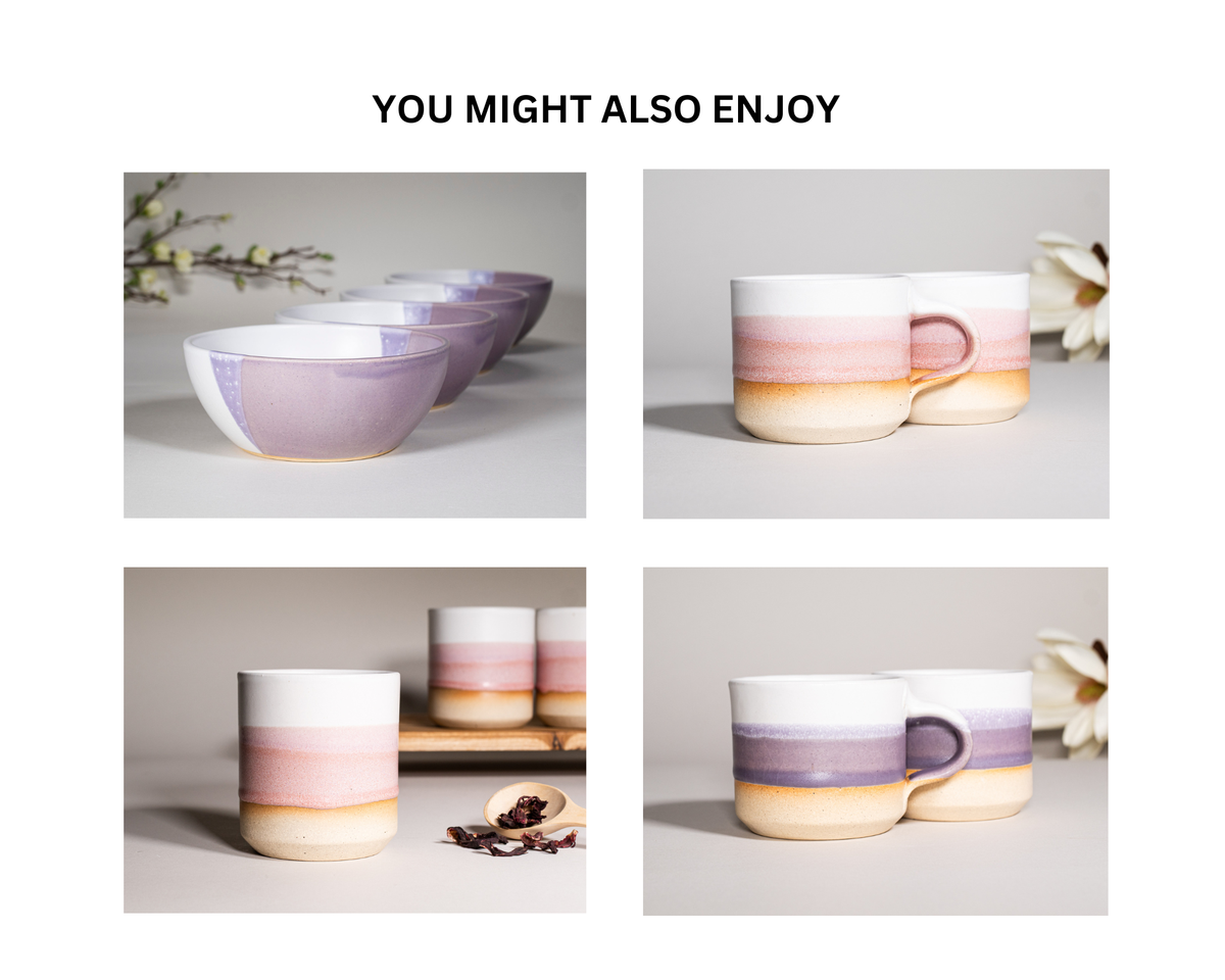 Collage showing multiple purple and white ceramic coffee mugs with handles, 14 oz each.