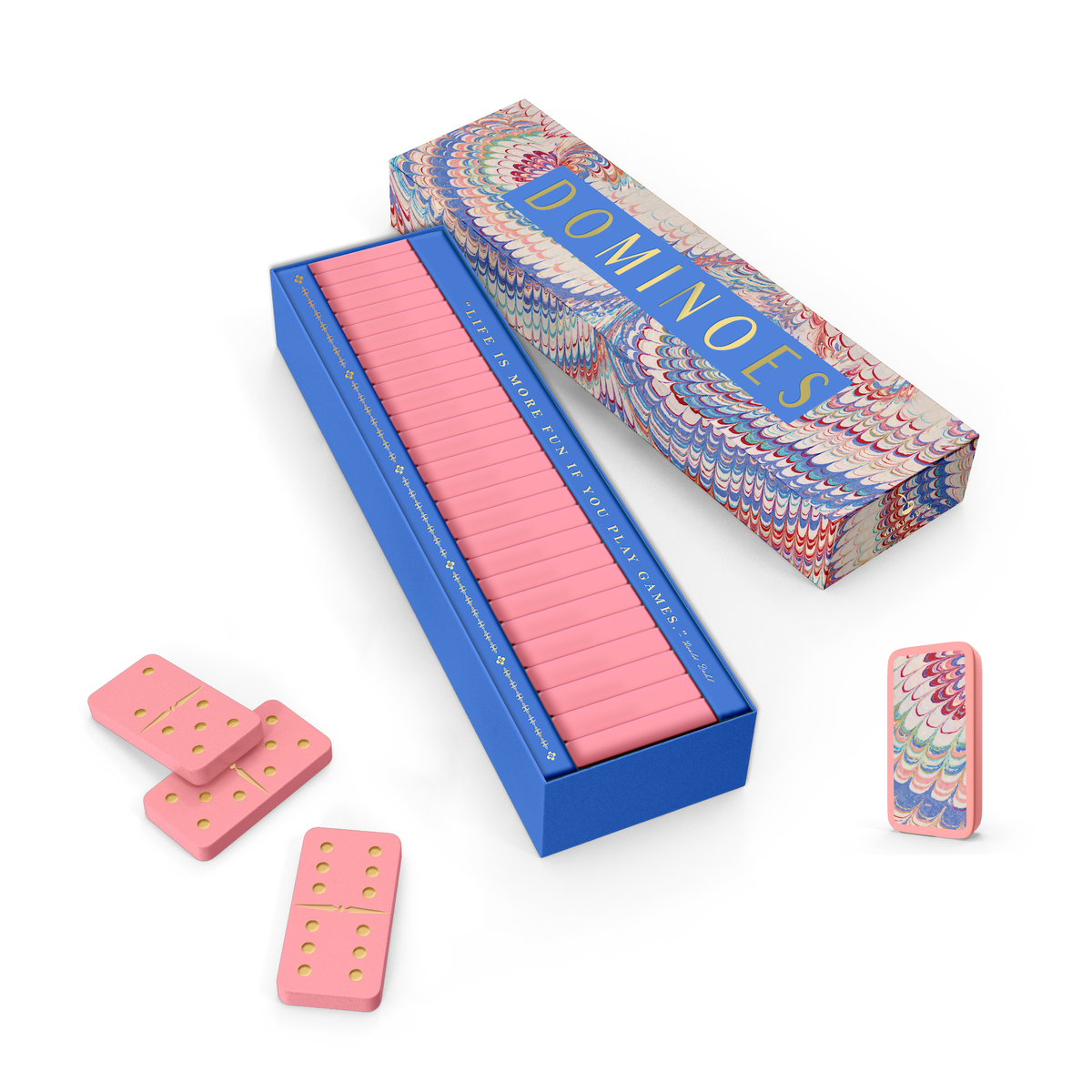 Colorful marbled domino set with blue case and pink dominos, yellow dot pips