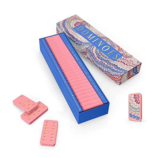 Colorful marbled domino set with blue case and pink dominos, yellow dot pips