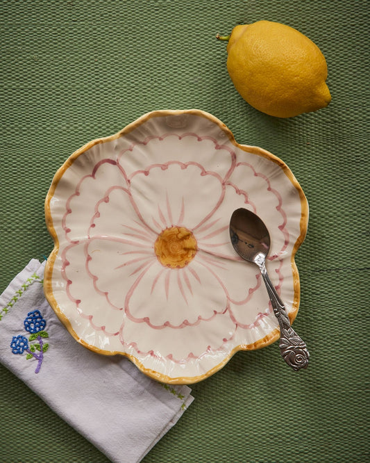 Flower-shaped ceramic side plate with yellow edge and white-and-pink daisy pattern