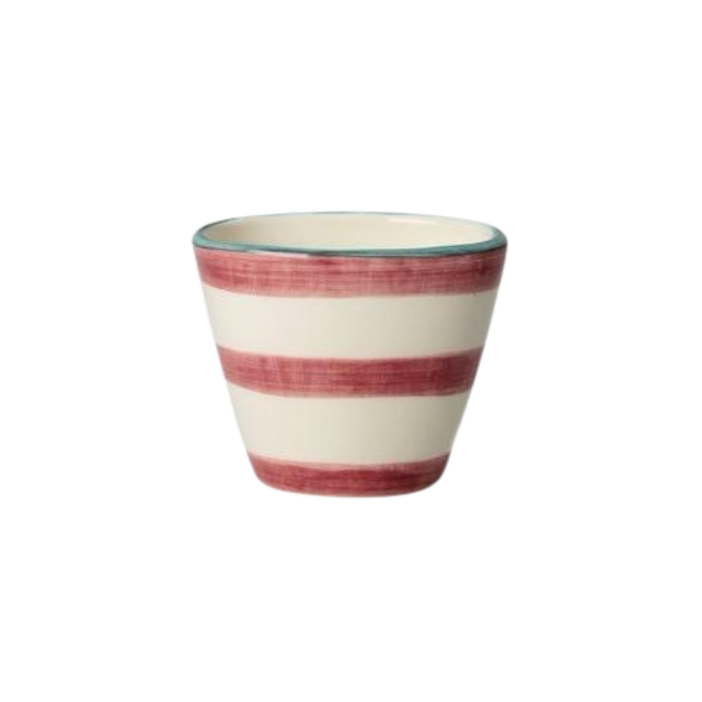 Ceramic espresso cup with hand-painted pink horizontal stripes and teal rim
