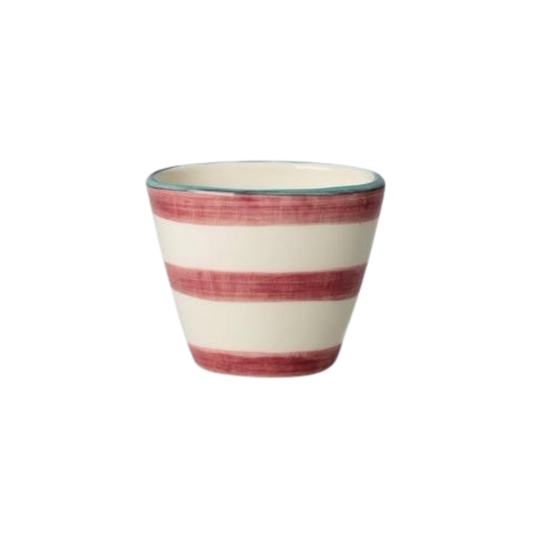 Ceramic espresso cup with hand-painted pink horizontal stripes and teal rim