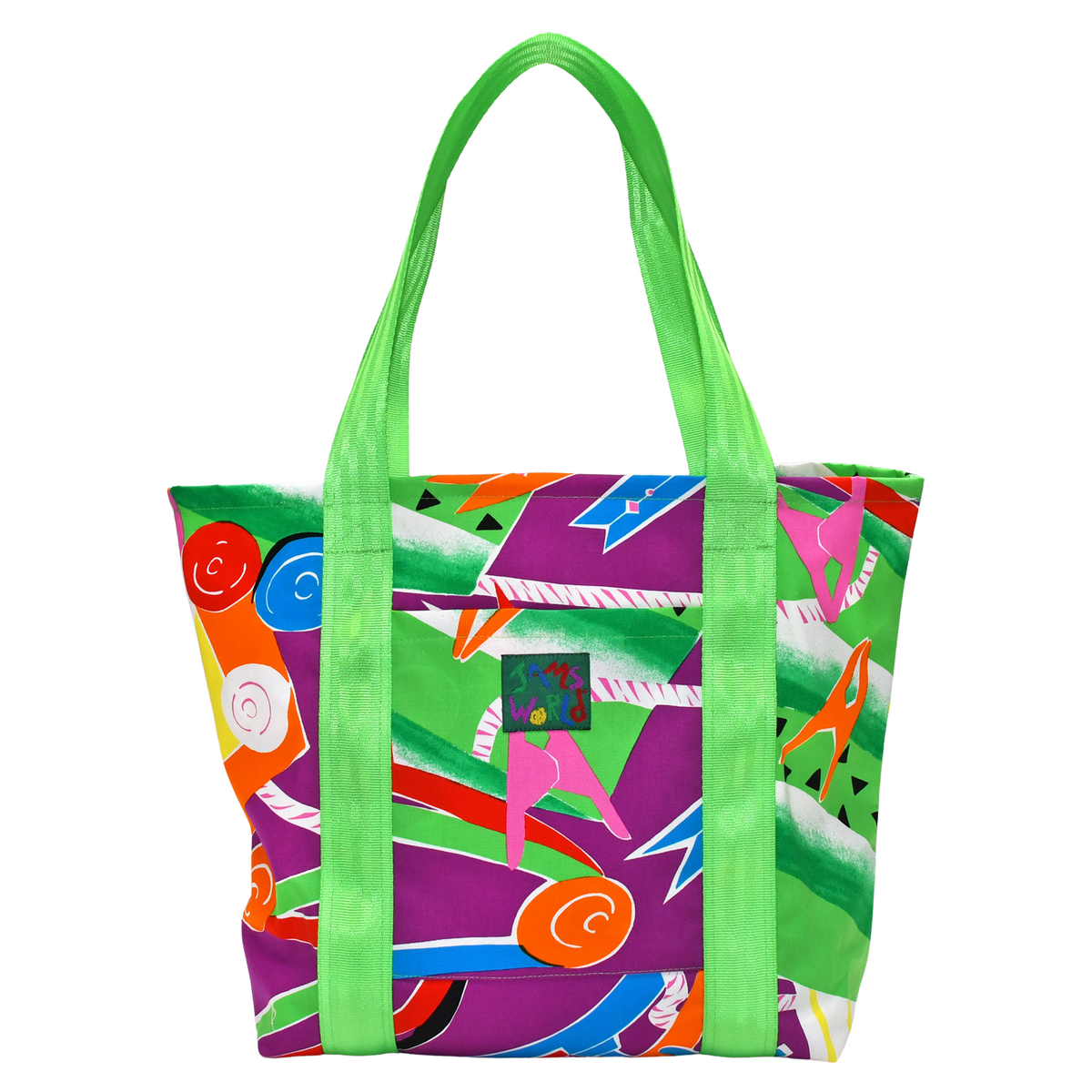 Lined tote bag with green handles and colorful abstract artwork pattern