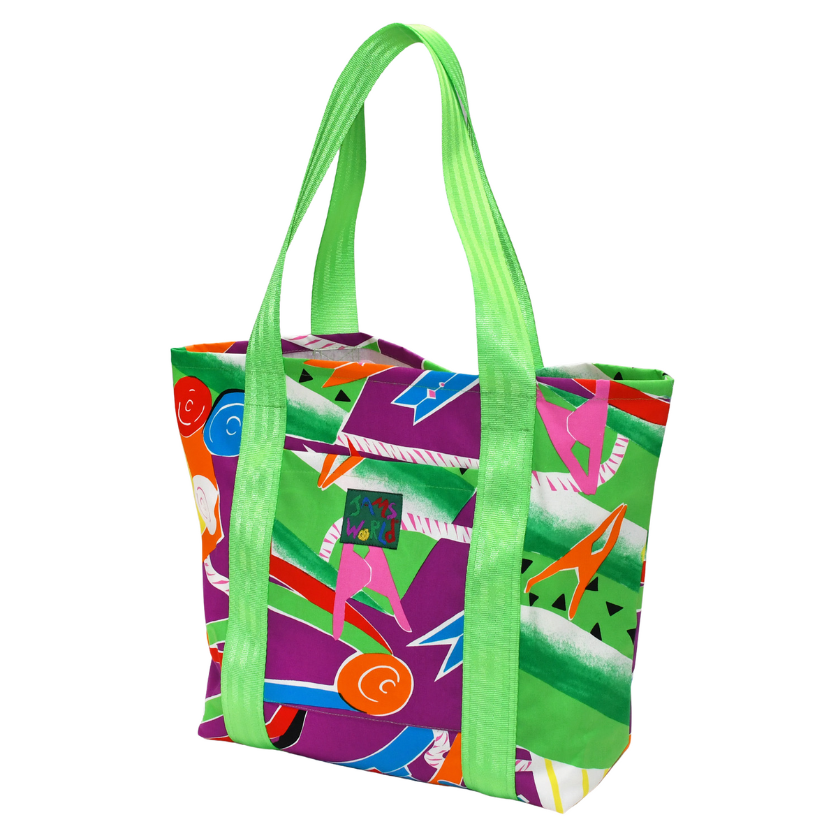 Lined tote bag with green handles and colorful abstract print, side view