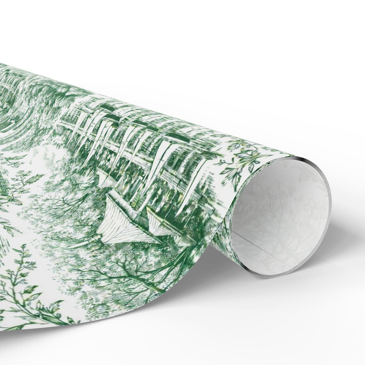 Rolled green toile wrapping paper showing New York skyline and leafy details on white