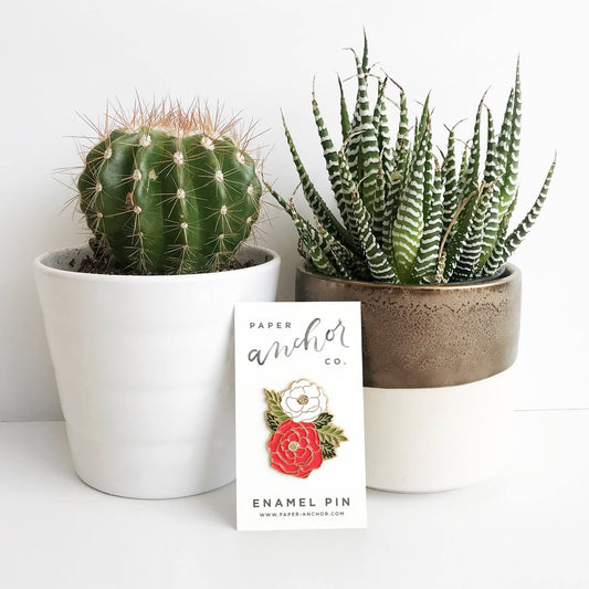 Enamel floral pin package with red-and-white flower design