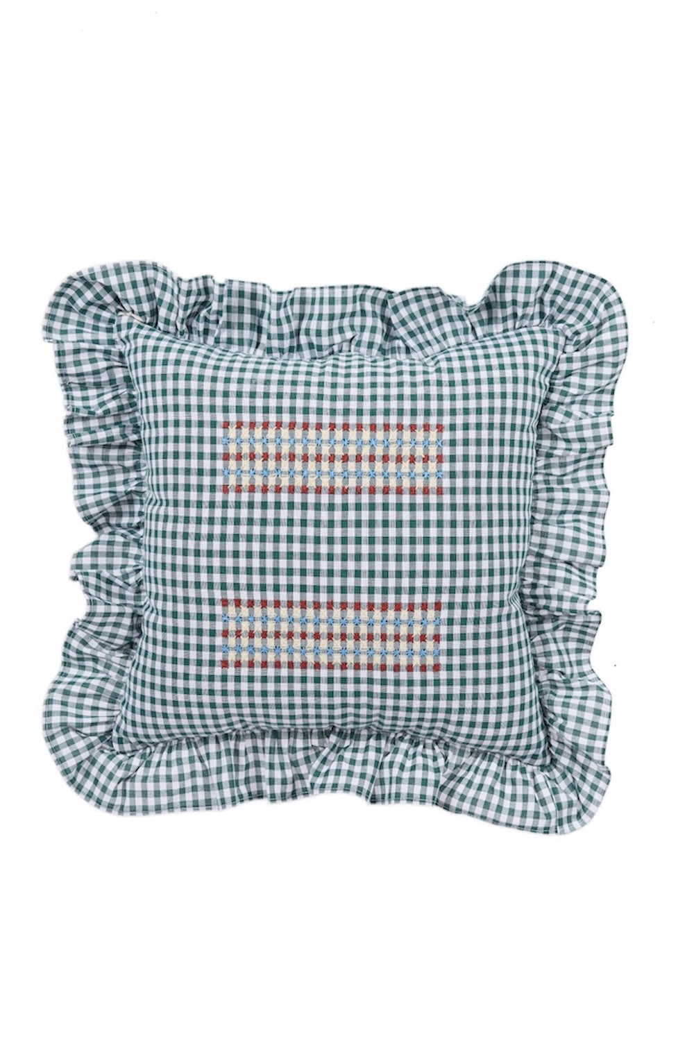 Embroidered gingham cushion with ruffled edges, green-and-blue check, horizontal stitched stripe