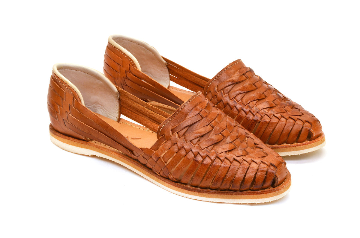 Women's cross-woven huarache flats, cognac-brown slip-on with crisscross weave