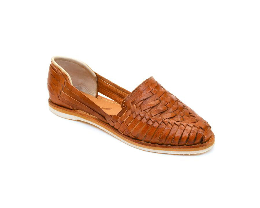 Women's cross-woven huarache flats, tan-cognac slip-on with woven upper and strap
