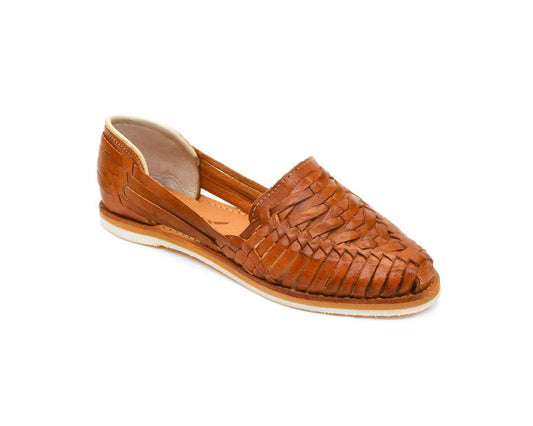 Women's cross-woven huarache flats, tan-cognac slip-on with woven upper and strap