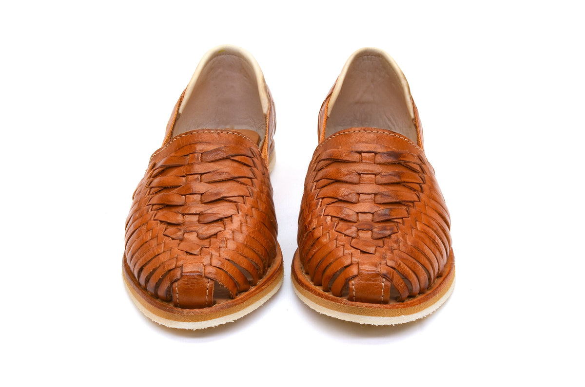 Women's cross-woven huarache flats, cognac-brown woven toe and textured upper