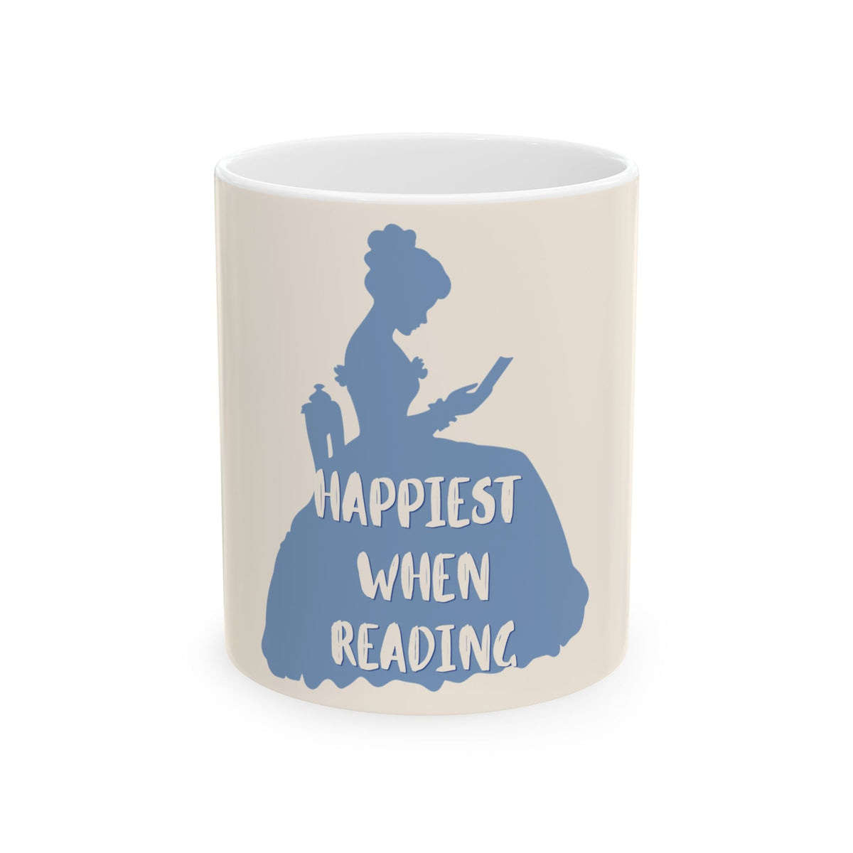 Ceramic mug with blue reading silhouette and 'Happiest When Reading' on front